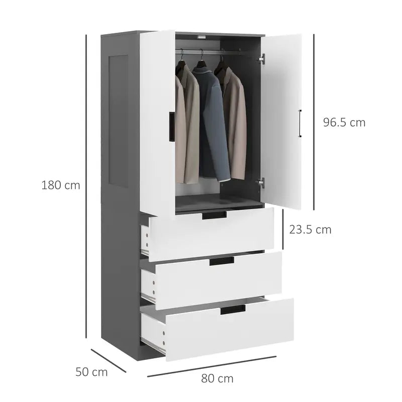 Wardrobe 2 Door Modern Wardrobe with 3 Drawers and Hanging Rod for Bedroom BLACK