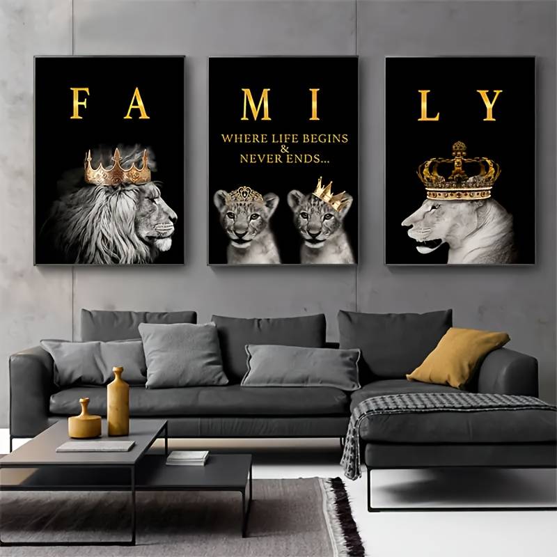 3pc Modern Glam Lion Family Canvas Wall Art - Motivational Set of 3 ...