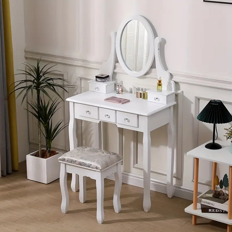 Dressing NEW Desk White Dressing Table Mirror W/ Stool Makeup Vanity Set 5 Drawers