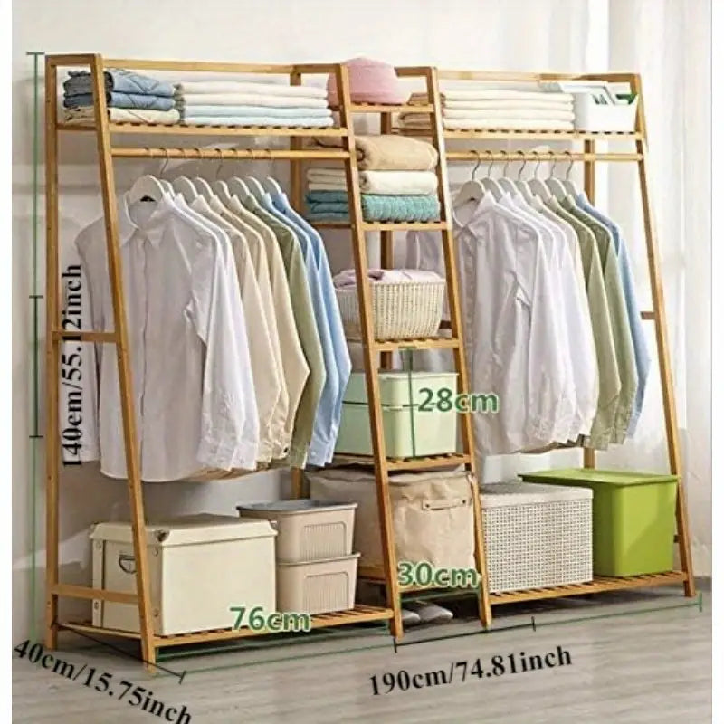 Wardrobe Bamboo Wood Open Clothes Rail Rack Hanging Garment Organize