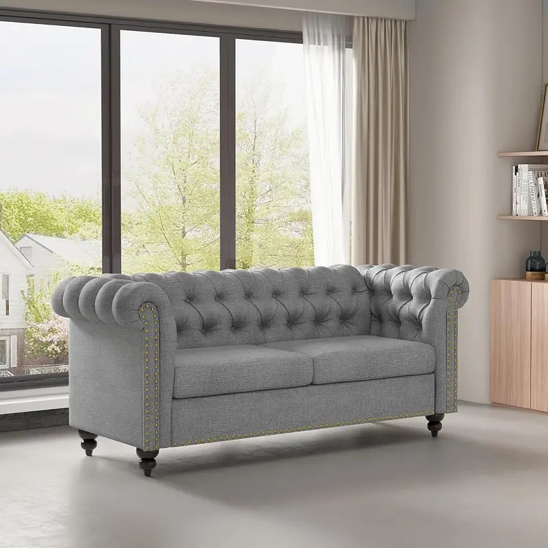 Chesterfield Grey 2 Seater Style Button back Sofa, Couch Linen Fabric Settee