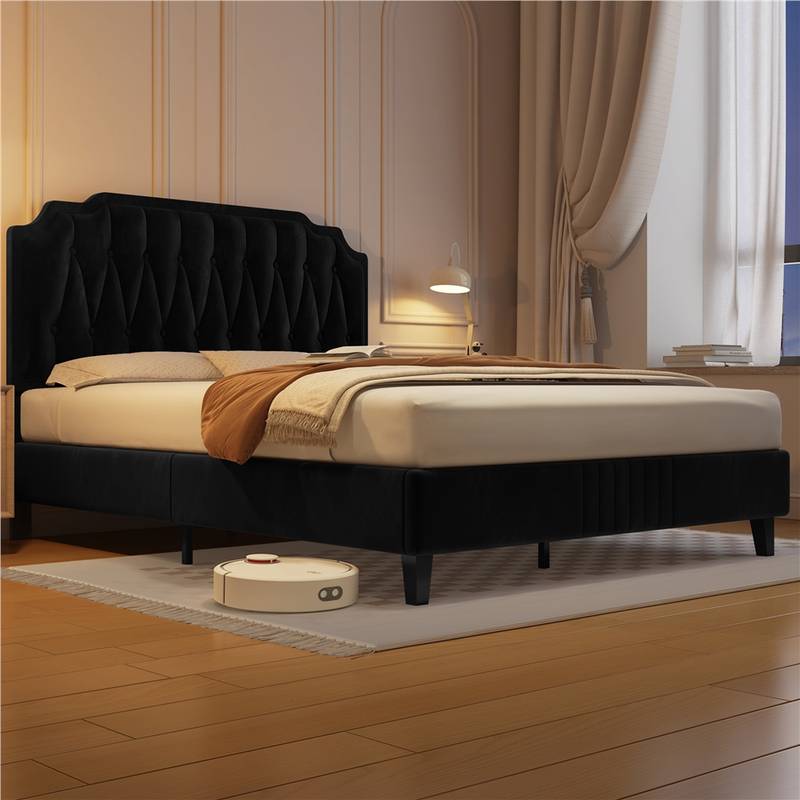Chesterfield Upholstered Bed Frame Velvet BLACK Platform Bed with Height Adjustable Headboard With Wooden Slat Support
