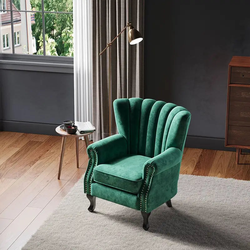 Chesterfield Green Armchair Queen Anne Chair Curved Scallop Shell Wingback