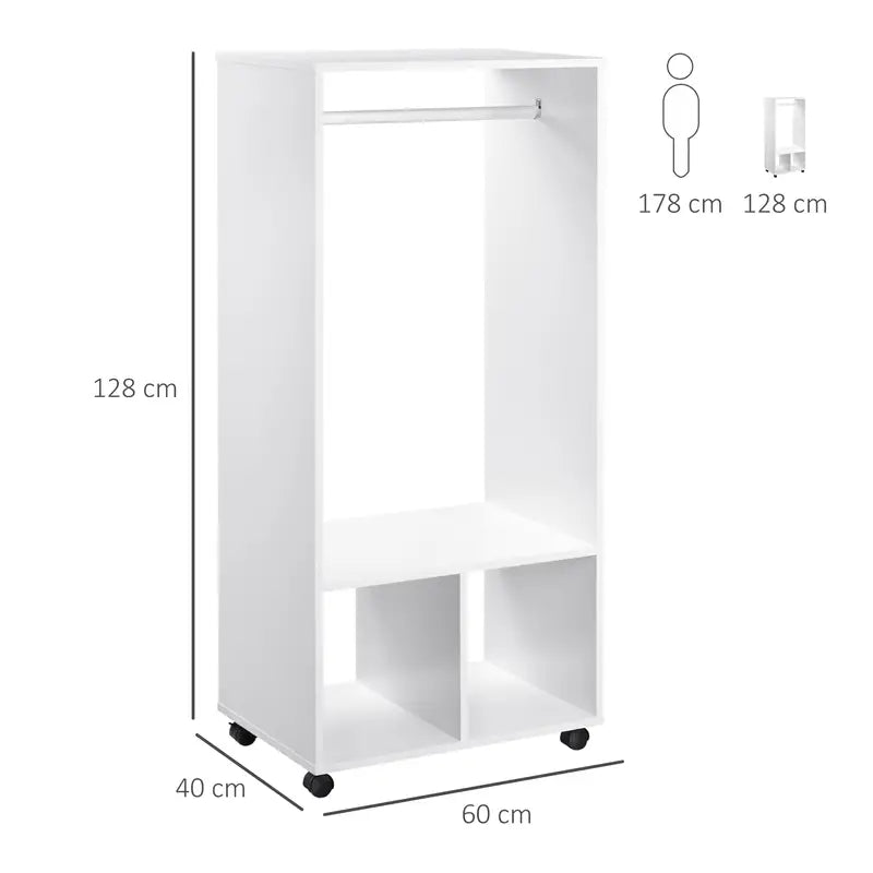 Wardrobe for Adults Kids Bedroom, Small Wardrobe on Wheels with Clothes Rail - WHITE