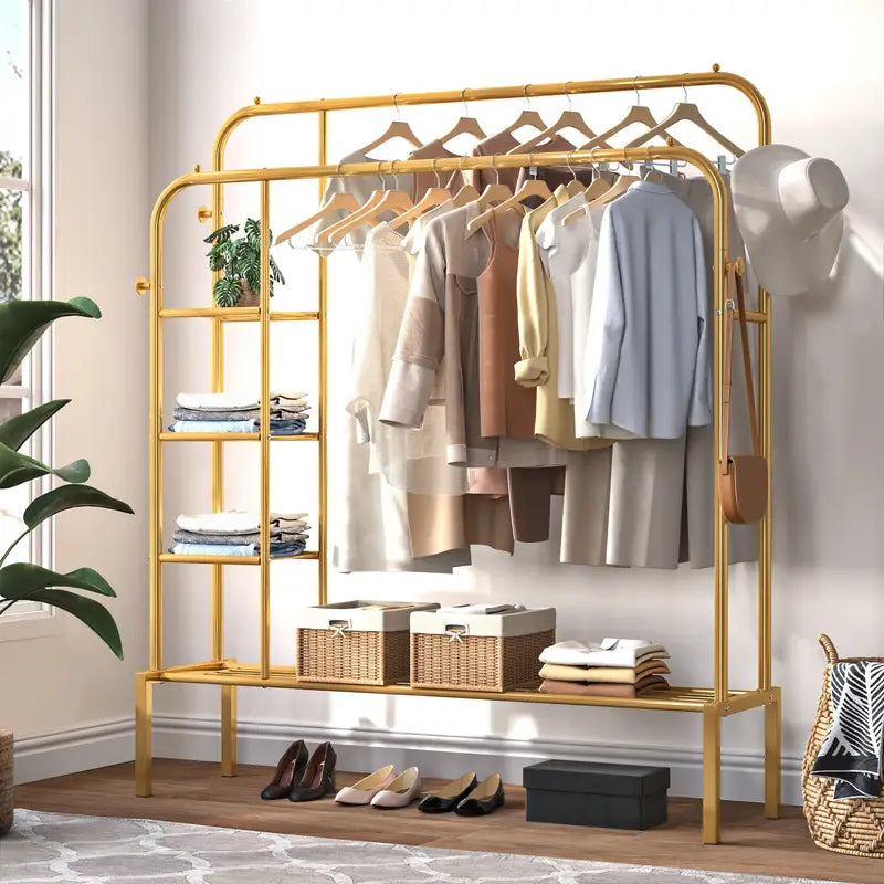 Wardrobe Metal Clothes Rail Clothes Rack For Bedroom With 2 Rails GOLDEN