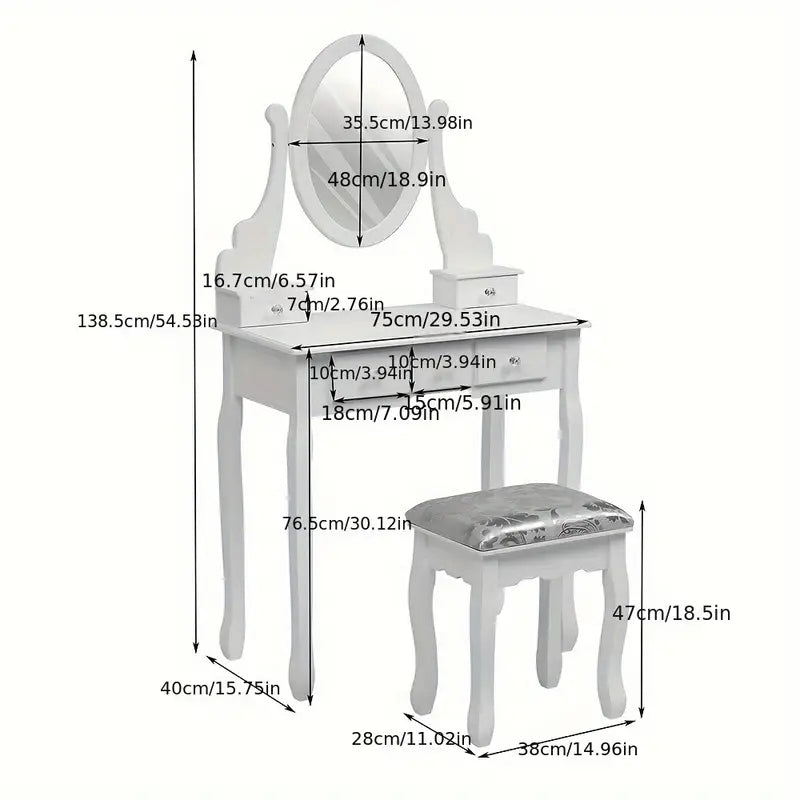 Dressing NEW Desk White Dressing Table Mirror W/ Stool Makeup Vanity Set 5 Drawers
