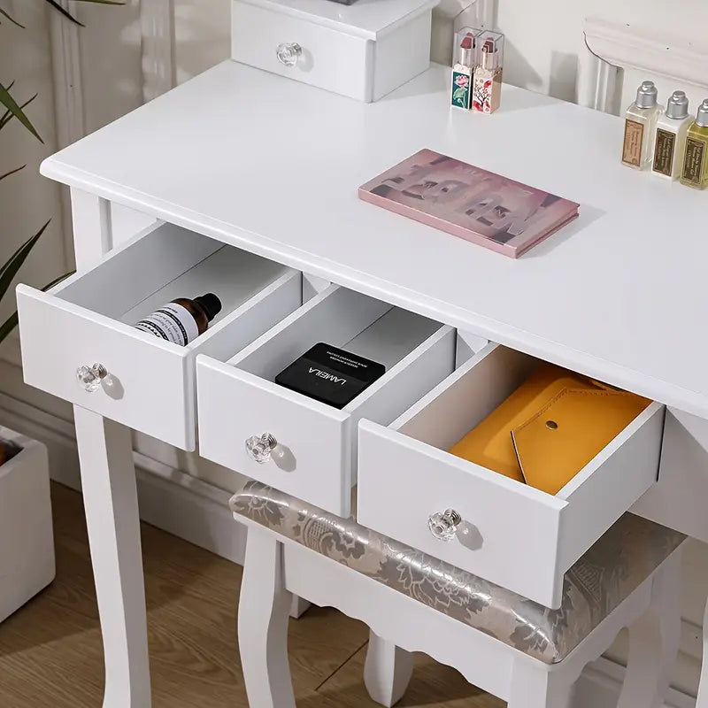Dressing NEW Desk White Dressing Table Mirror W/ Stool Makeup Vanity Set 5 Drawers