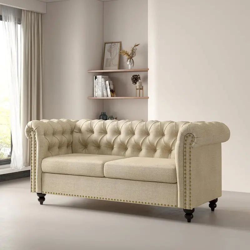 Chesterfield Beige 2 Seater Style Button back Sofa, Couch Linen Fabric Settee