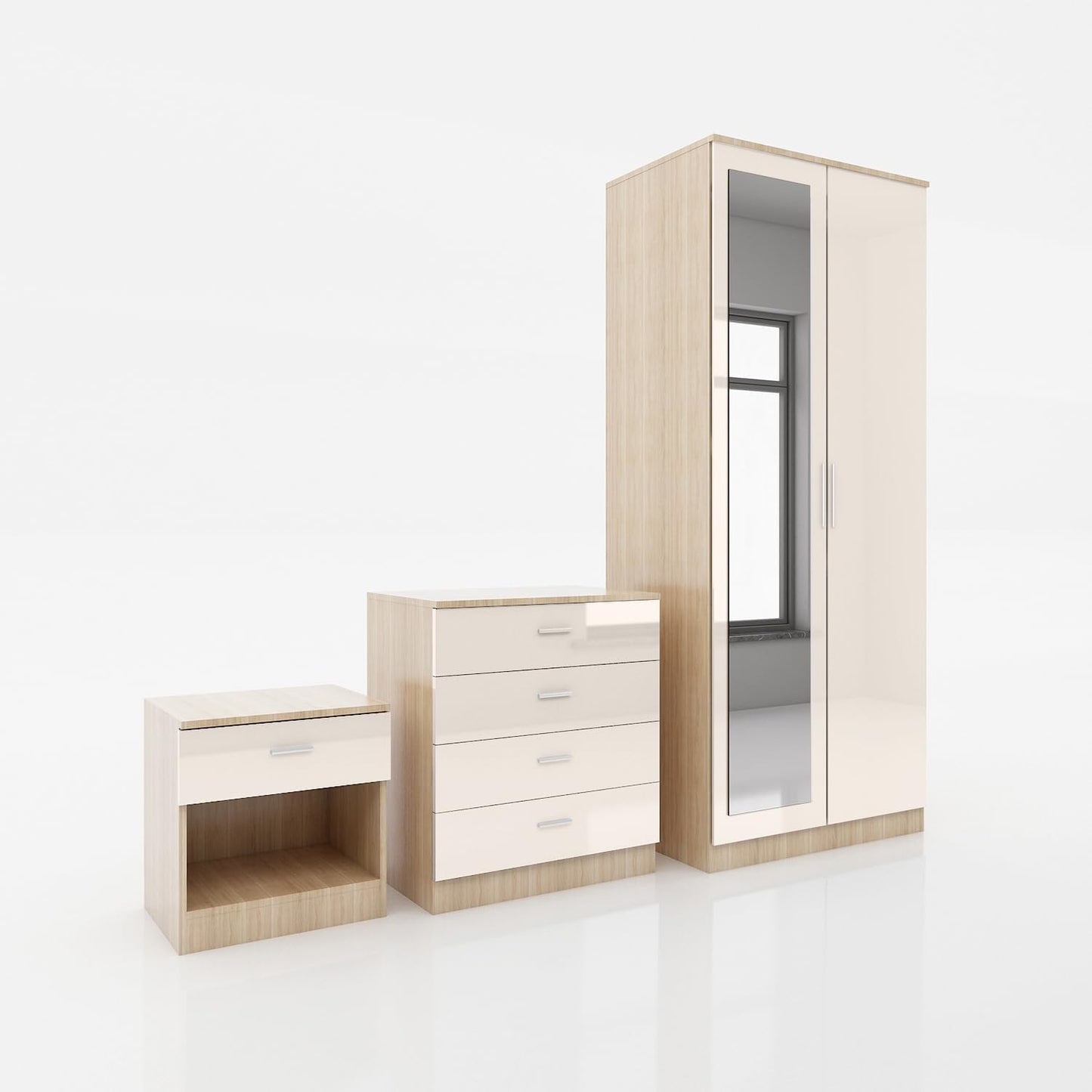 Wardrobe elegant 3 Piece Bedroom Furniture Sets High Gloss Soft Close ( CREAM & OAK )