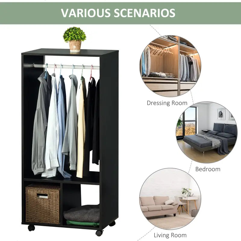 Wardrobe for Adults Kids Bedroom, Small Wardrobe on Wheels with Clothes Rail - BLACK