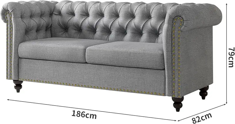 Chesterfield Grey 2 Seater Style Button back Sofa, Couch Linen Fabric Settee