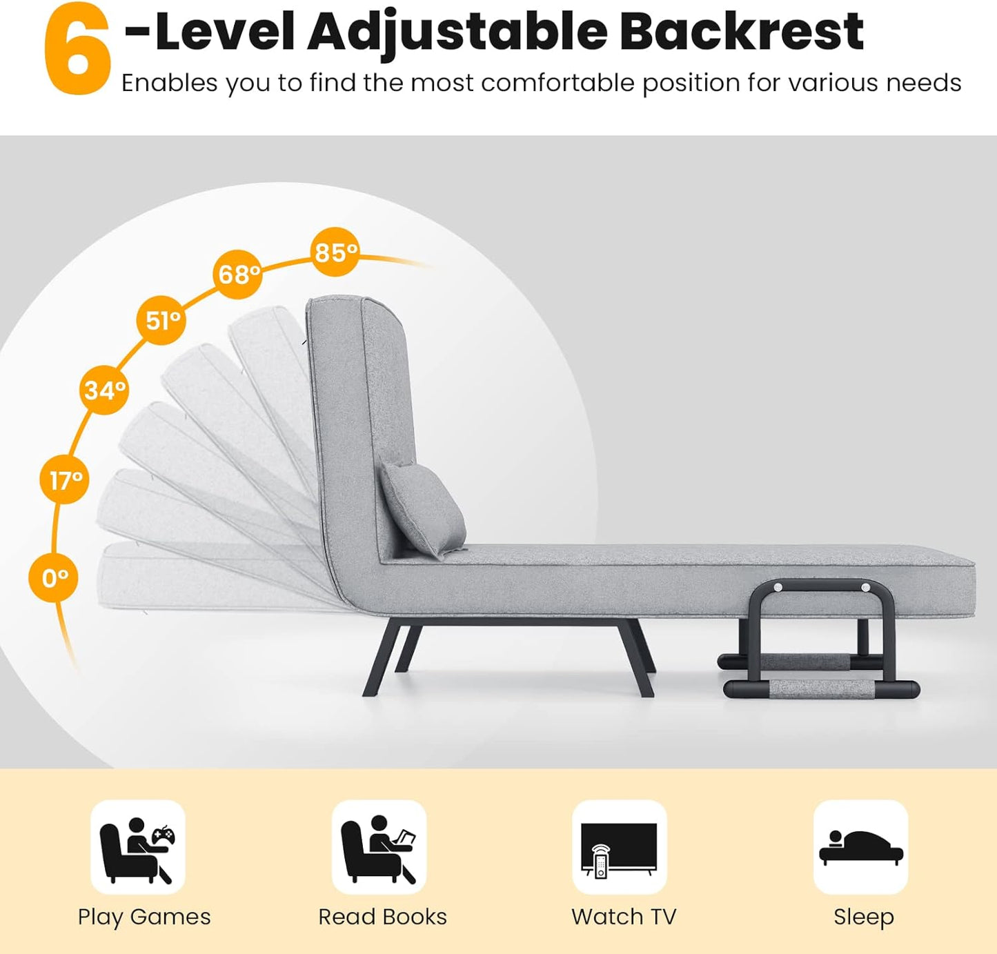 Sofa Folding Bed, 4-in-1 Convertible Lounge Recliner Sleeper with 6-Position Adjustable Backrest