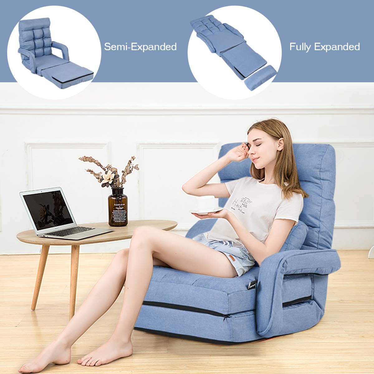 Sofa Adjustable Folding Lazy Sofa Bed with Armrests and Pillow, Convertible Floor Armchair
