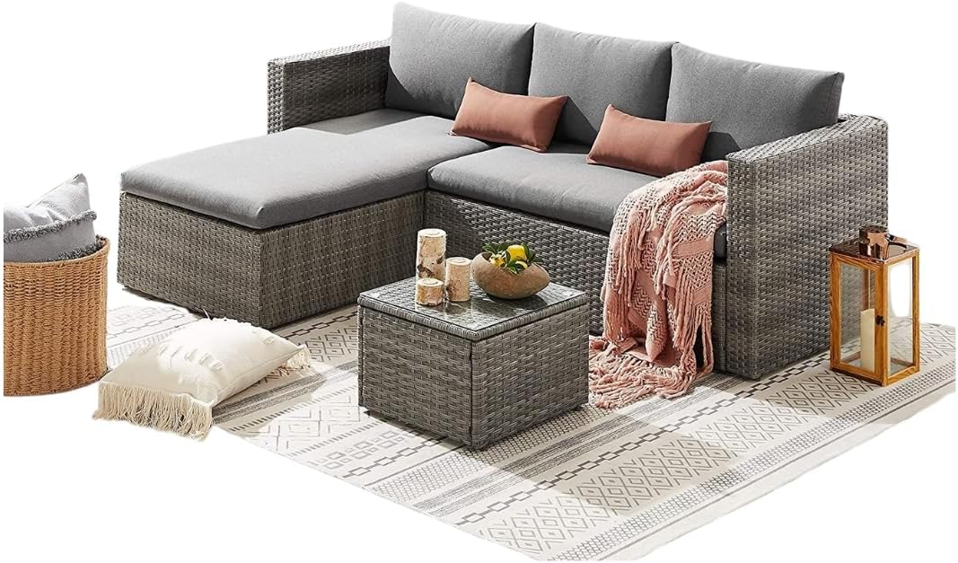 Garden Furniture Sofa Malibu Rattan 3 Pc Set and Coffee Table with Glass 3 Seater Sofa