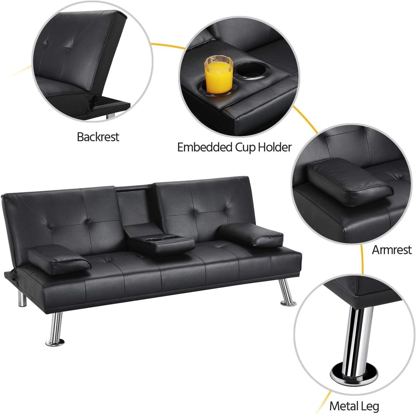 Sofa Modern Faux Leather Sofa Bed with Cup Holders 3 Seater Sofa Couch Living Room