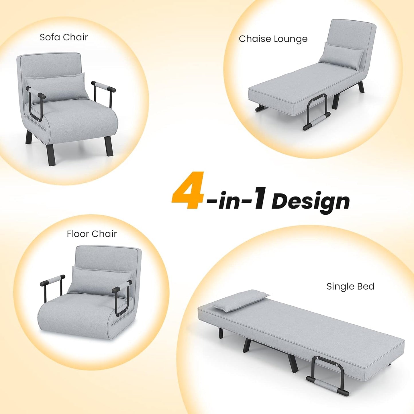 Sofa Folding Bed, 4-in-1 Convertible Lounge Recliner Sleeper with 6-Position Adjustable Backrest