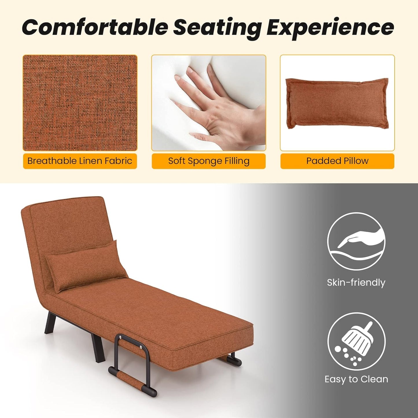 Sofa Folding Bed, 4-in-1 Convertible Lounge Recliner Sleeper with 6-Position Adjustable Backrest