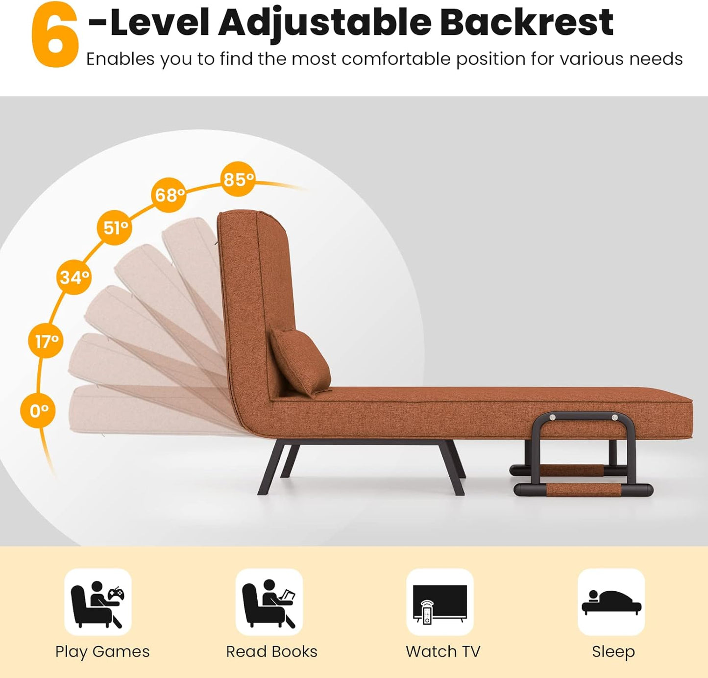 Sofa Folding Bed, 4-in-1 Convertible Lounge Recliner Sleeper with 6-Position Adjustable Backrest