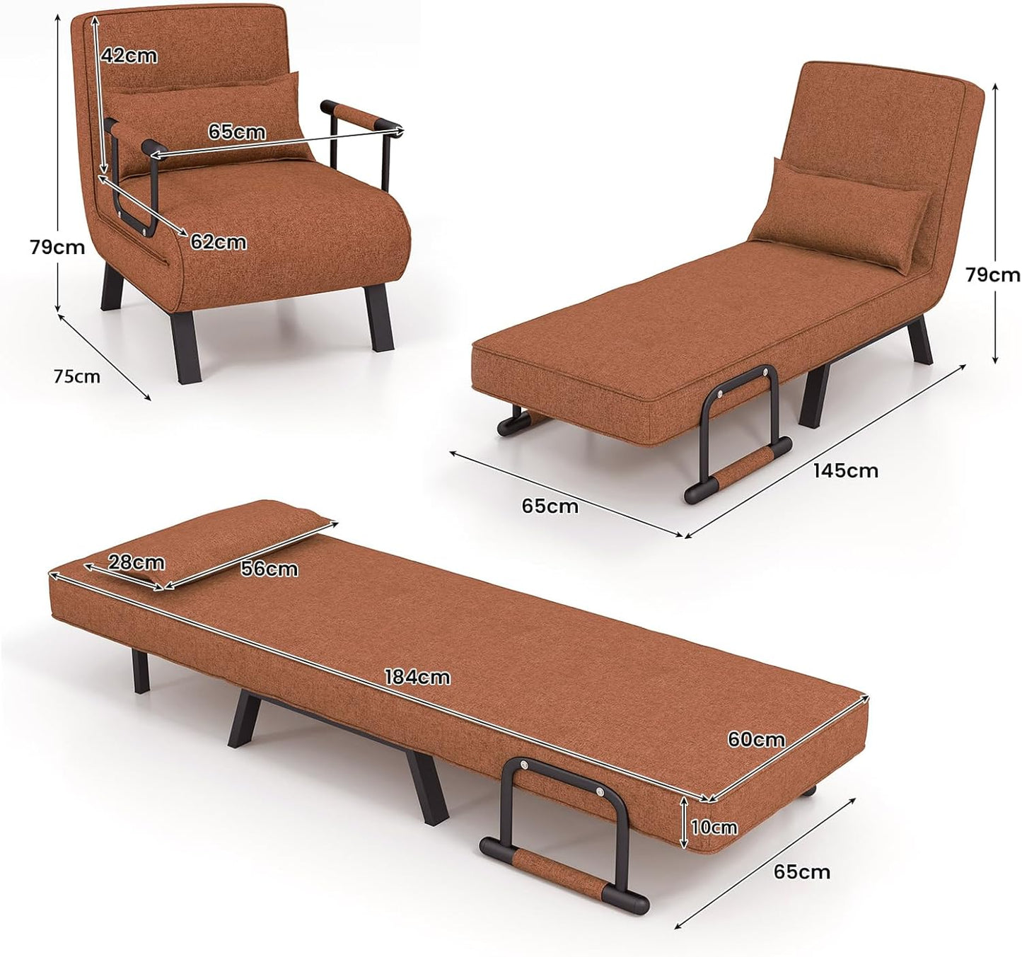 Sofa Folding Bed, 4-in-1 Convertible Lounge Recliner Sleeper with 6-Position Adjustable Backrest