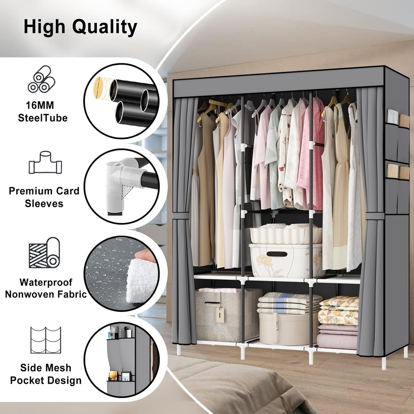 Wardrobe, Portable wardrobe Pop up wardrobe, Versatile Fabric Wardrobe ( GREY )