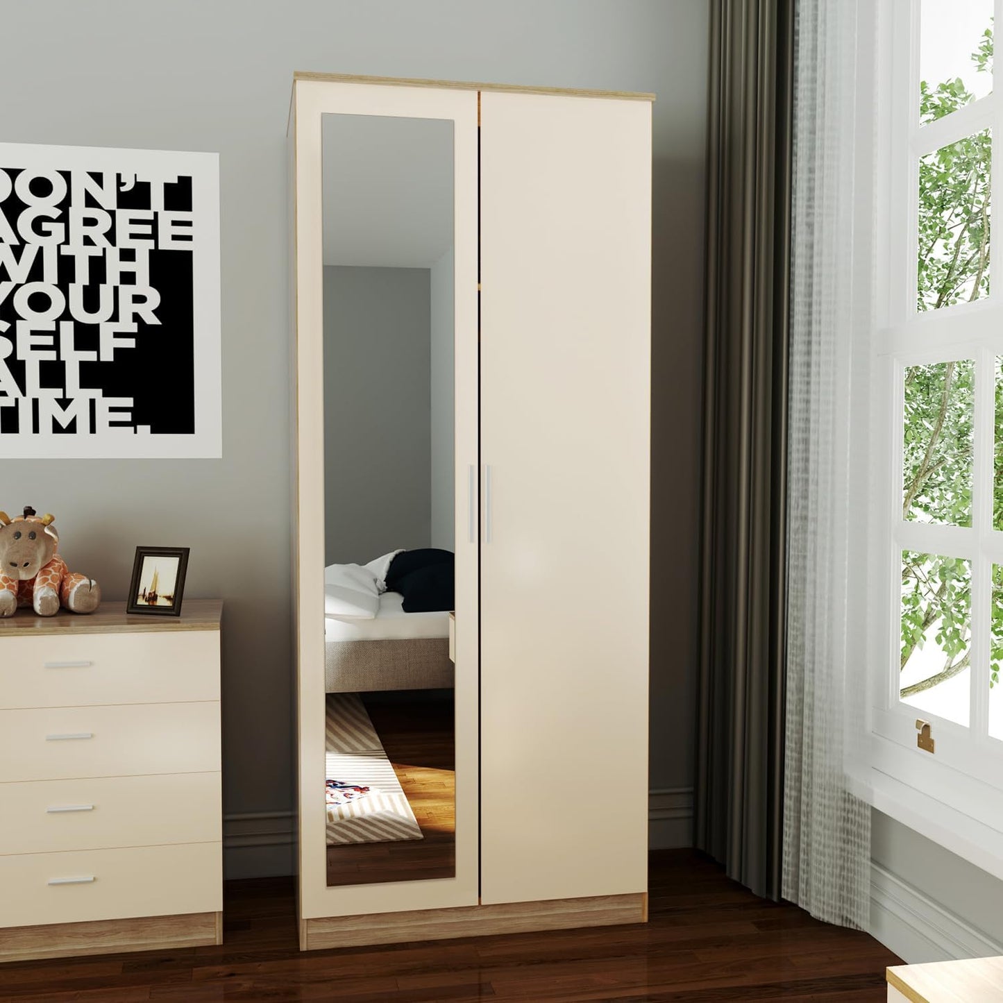 Wardrobe elegant 3 Piece Bedroom Furniture Sets High Gloss Soft Close ( CREAM & OAK )
