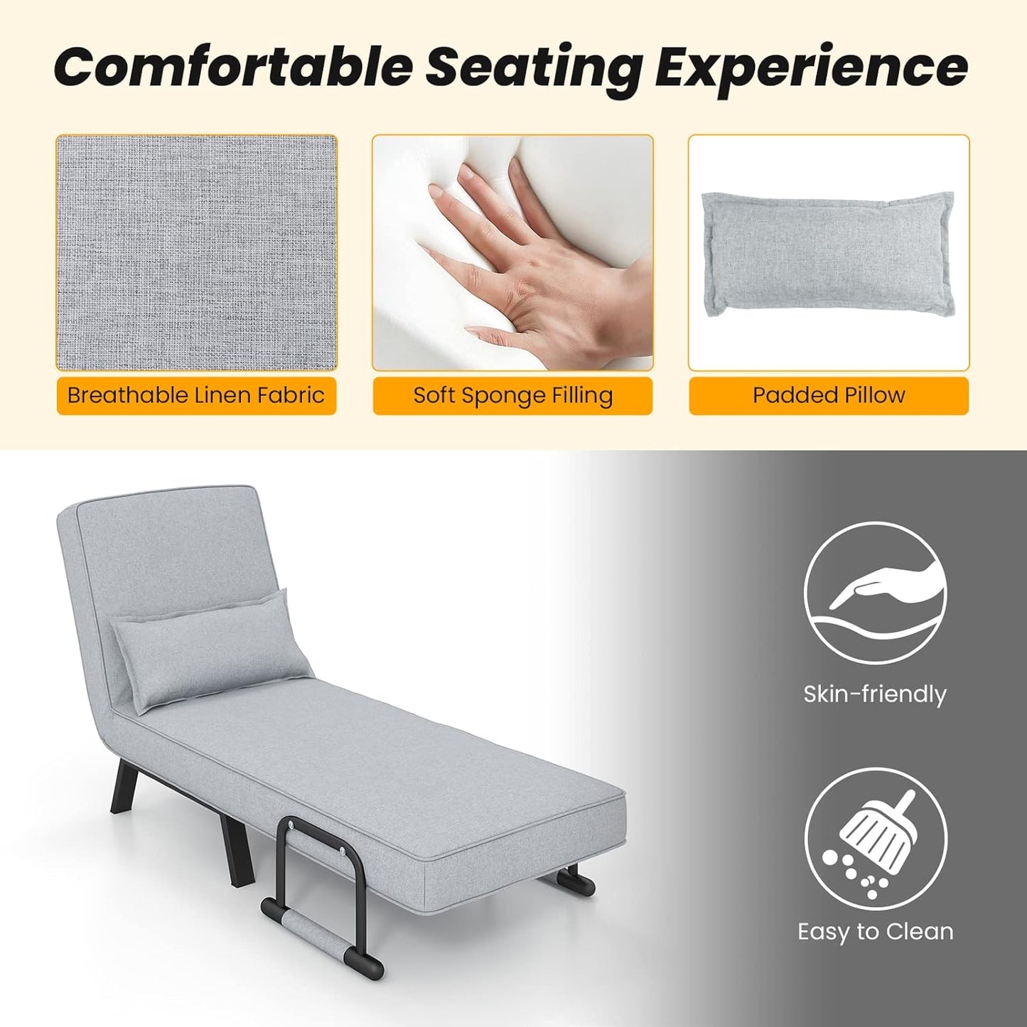 Sofa Folding Bed, 4-in-1 Convertible Lounge Recliner Sleeper with 6-Position Adjustable Backrest