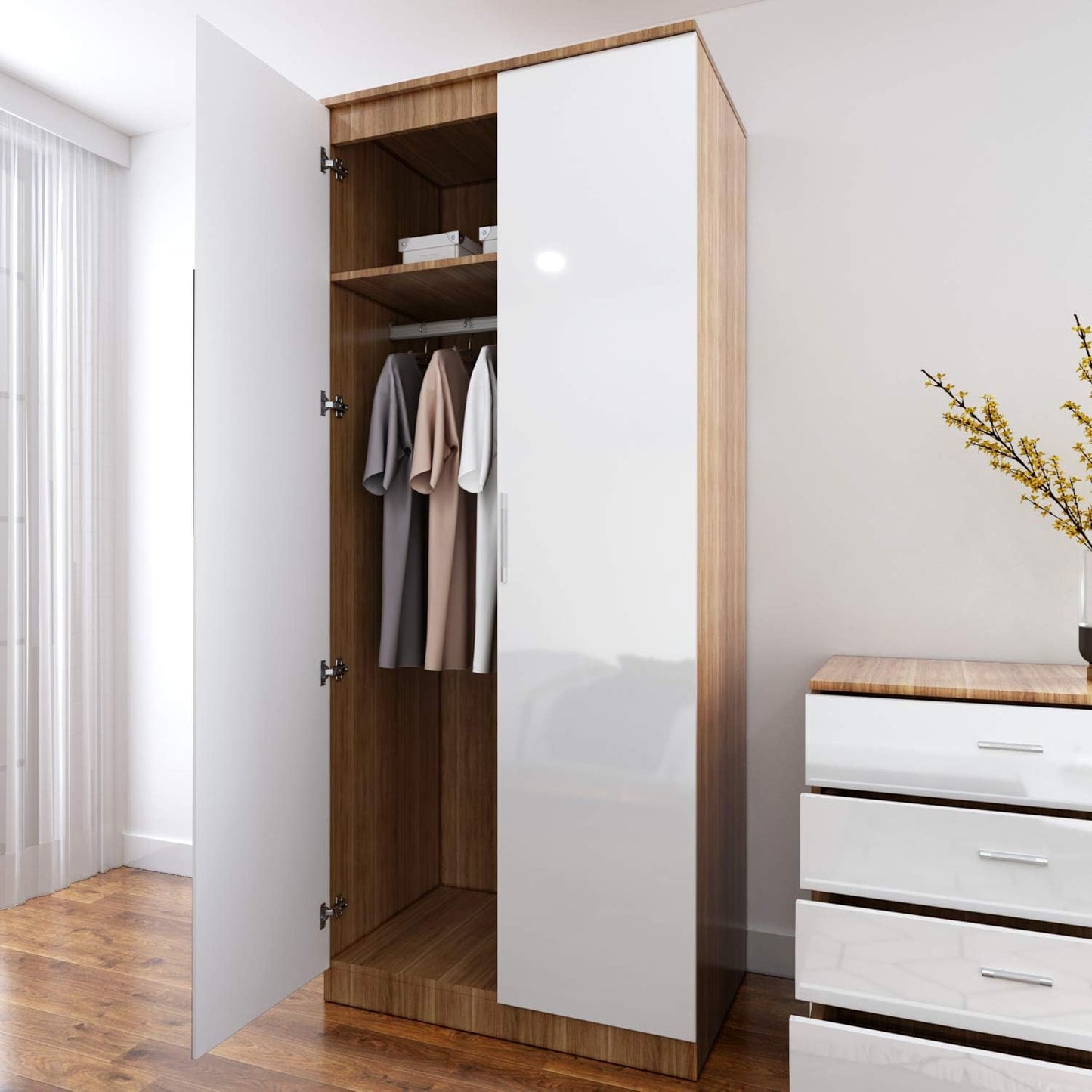 Wardrobe elegant 3 Piece Bedroom Furniture Sets High Gloss Soft Close ( WHITE & OAK )