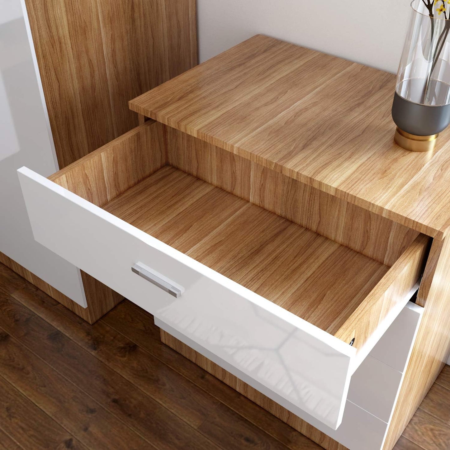 Wardrobe elegant 3 Piece Bedroom Furniture Sets High Gloss Soft Close ( WHITE & OAK )