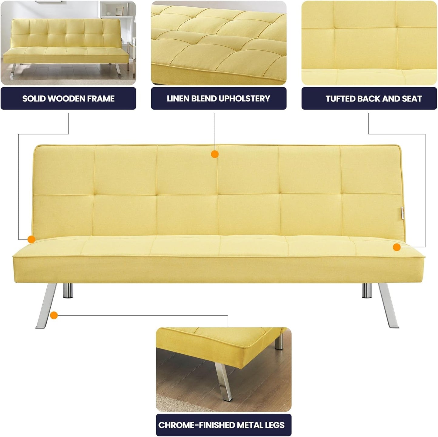 Sofa Britney Three Seater Sofa Bed - Yellow. Linen Fabric Click Clack Sofa Bed, Folding Couch