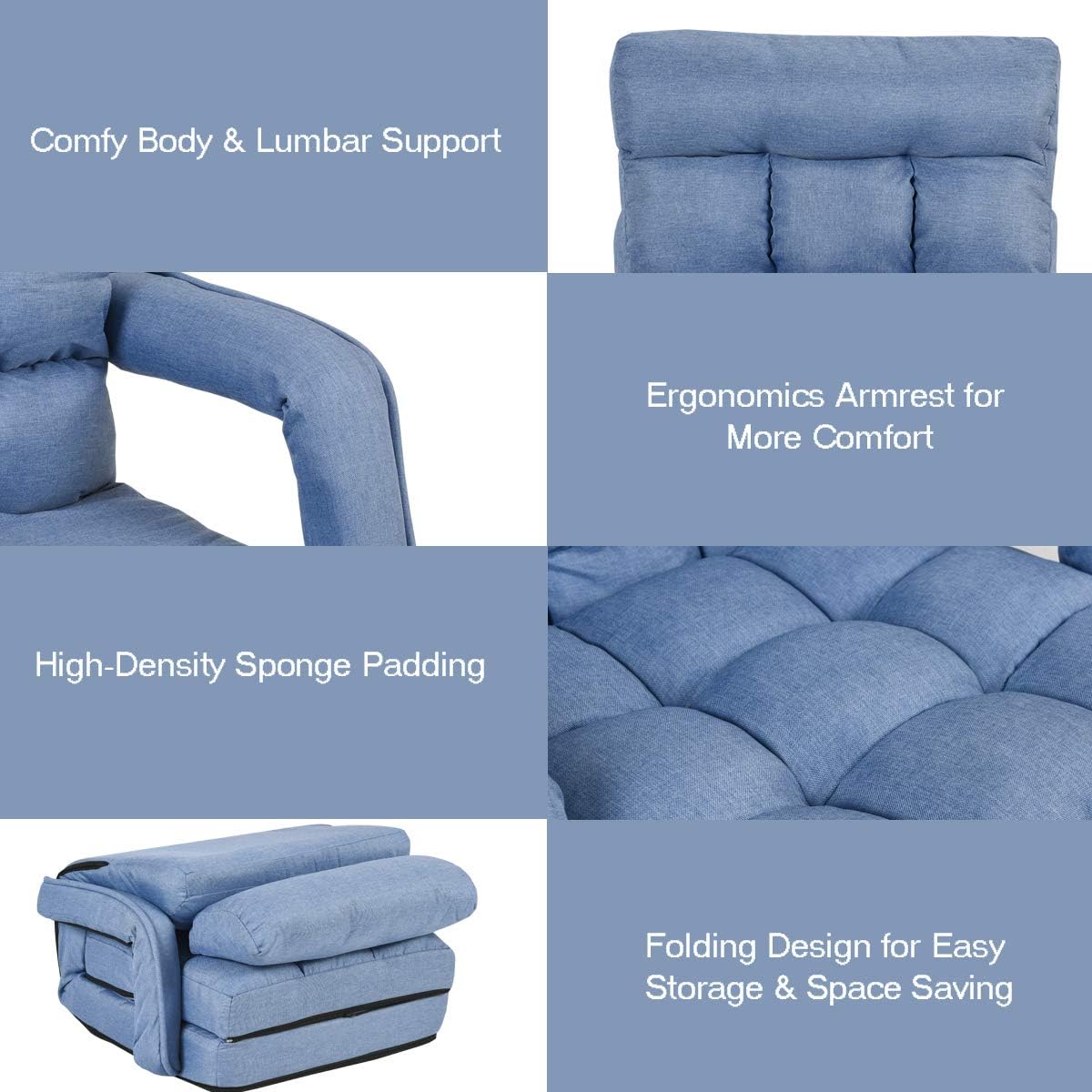 Sofa Adjustable Folding Lazy Sofa Bed with Armrests and Pillow, Convertible Floor Armchair