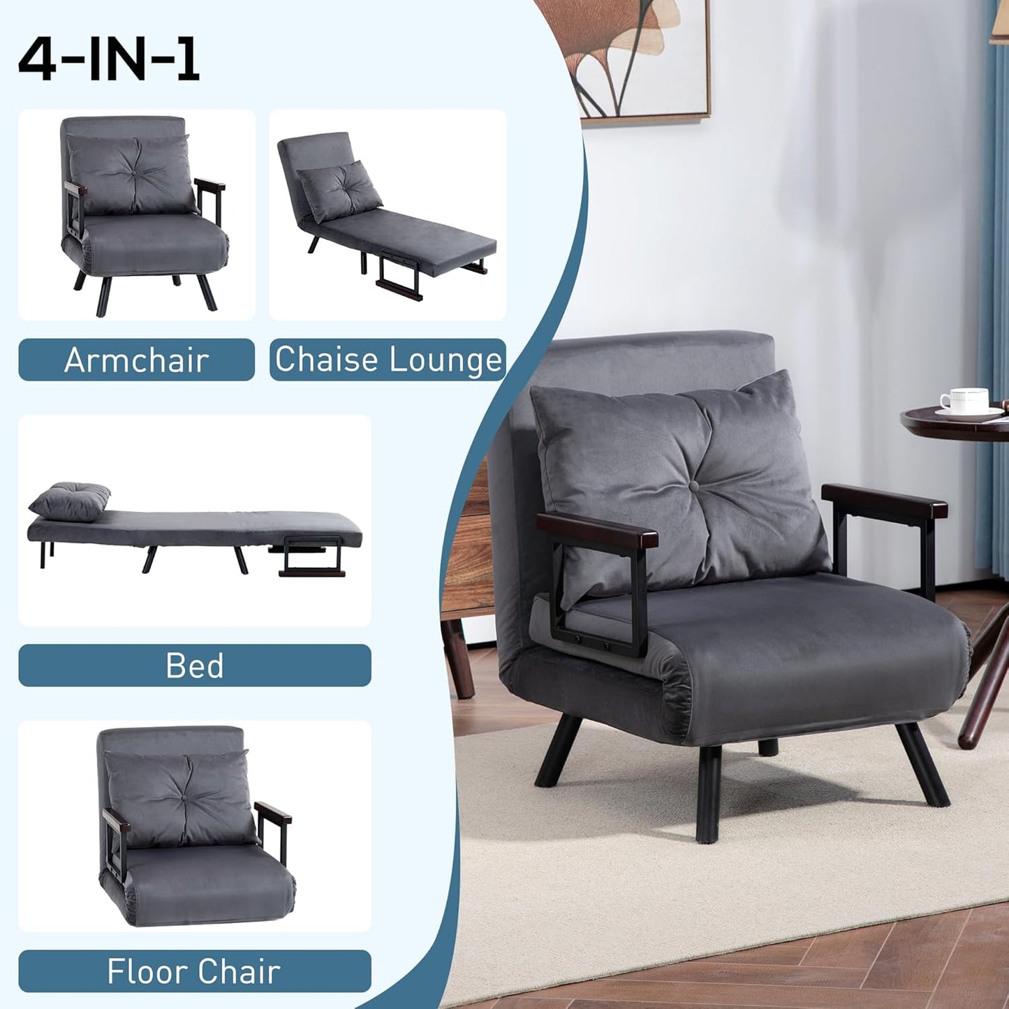 Sofa Single Chair Bed, Click Clack Convertible Bed Settee, Modern Velvet Feel Fabric