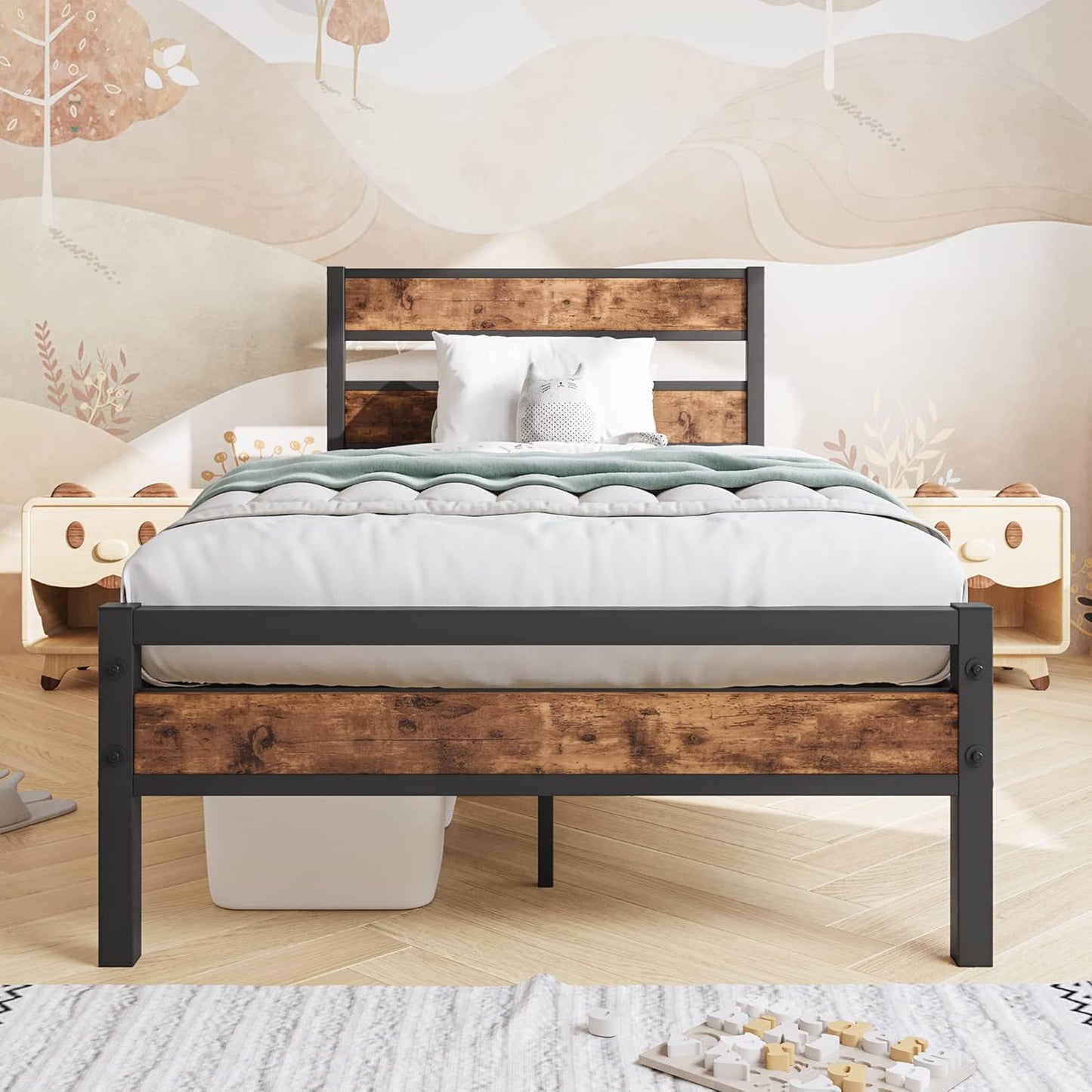 Metal Single Bed Frame with Wooden Headboard, Heavy Duty Metal