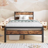 Metal Single Bed Frame with Wooden Headboard, Heavy Duty Metal