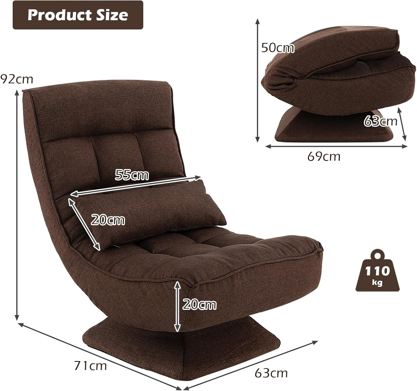 Sofa Folding Chair, 360 Degree Swivel Lazy Floor Chair with 4-Position Adjustable Backrest