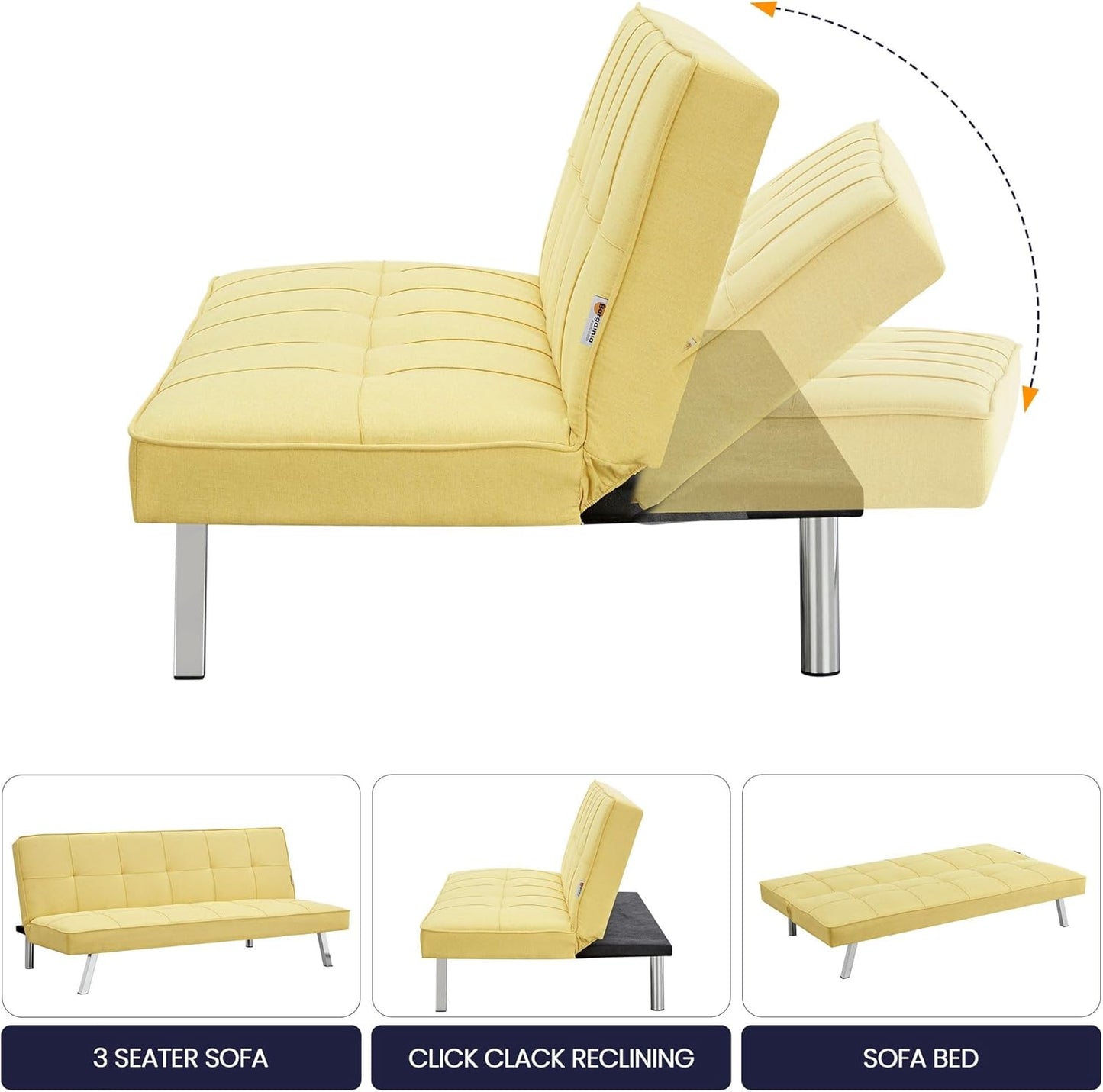 Sofa Britney Three Seater Sofa Bed - Yellow. Linen Fabric Click Clack Sofa Bed, Folding Couch
