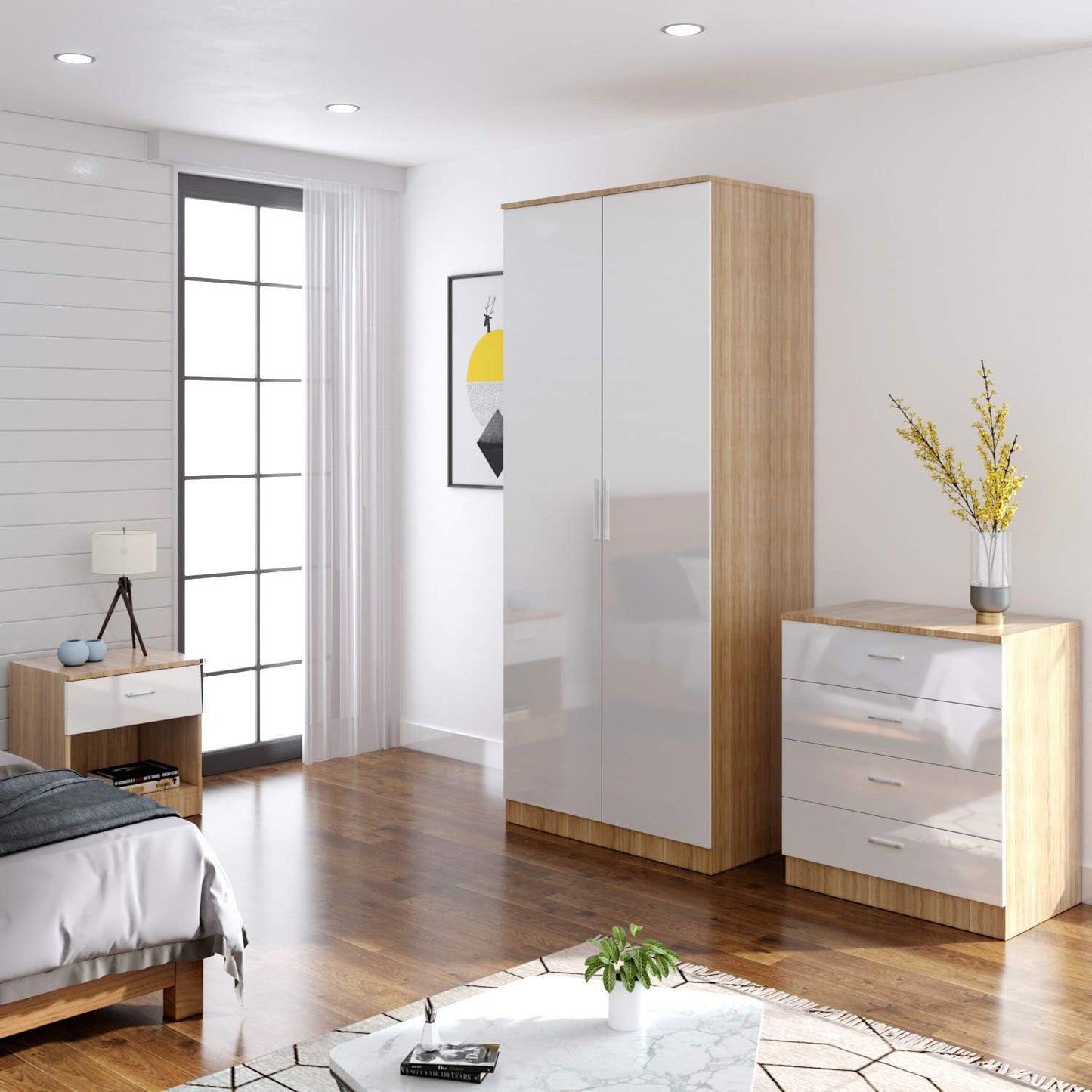 Wardrobe elegant 3 Piece Bedroom Furniture Sets High Gloss Soft Close ( WHITE & OAK )