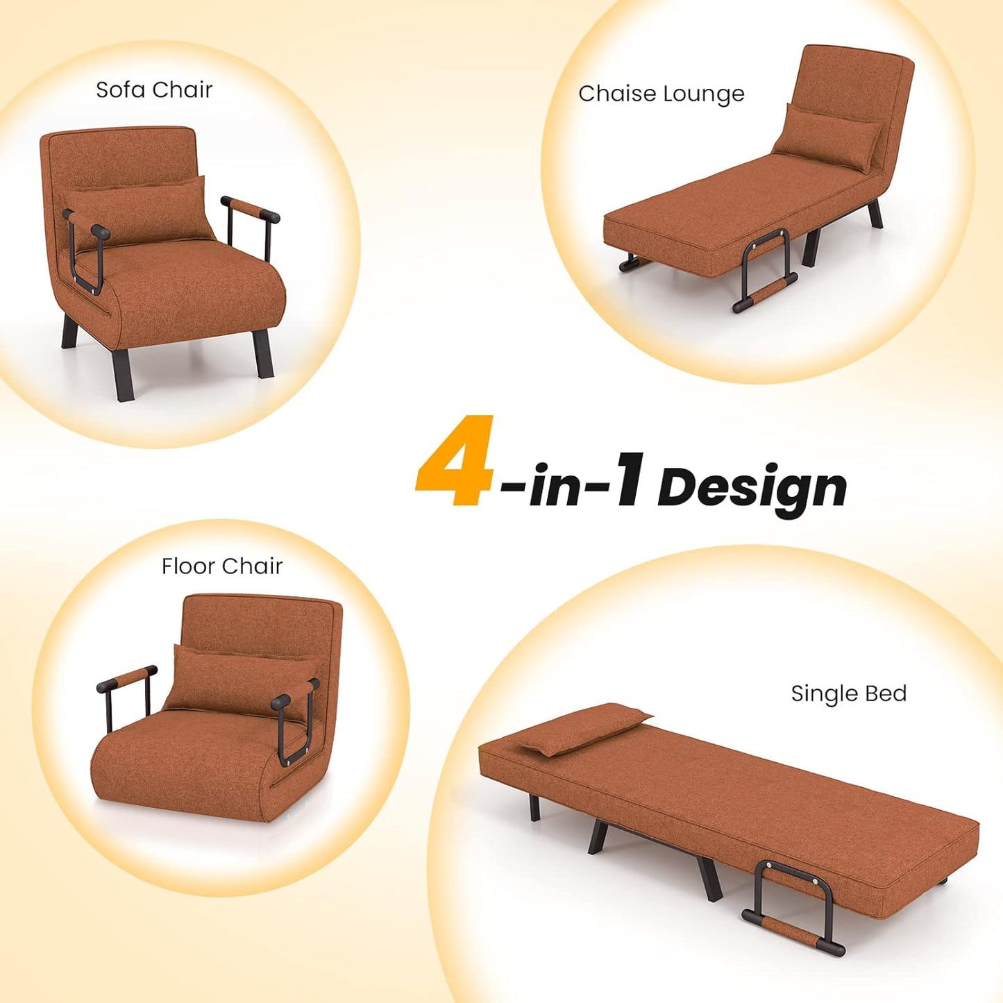 Sofa Folding Bed, 4-in-1 Convertible Lounge Recliner Sleeper with 6-Position Adjustable Backrest