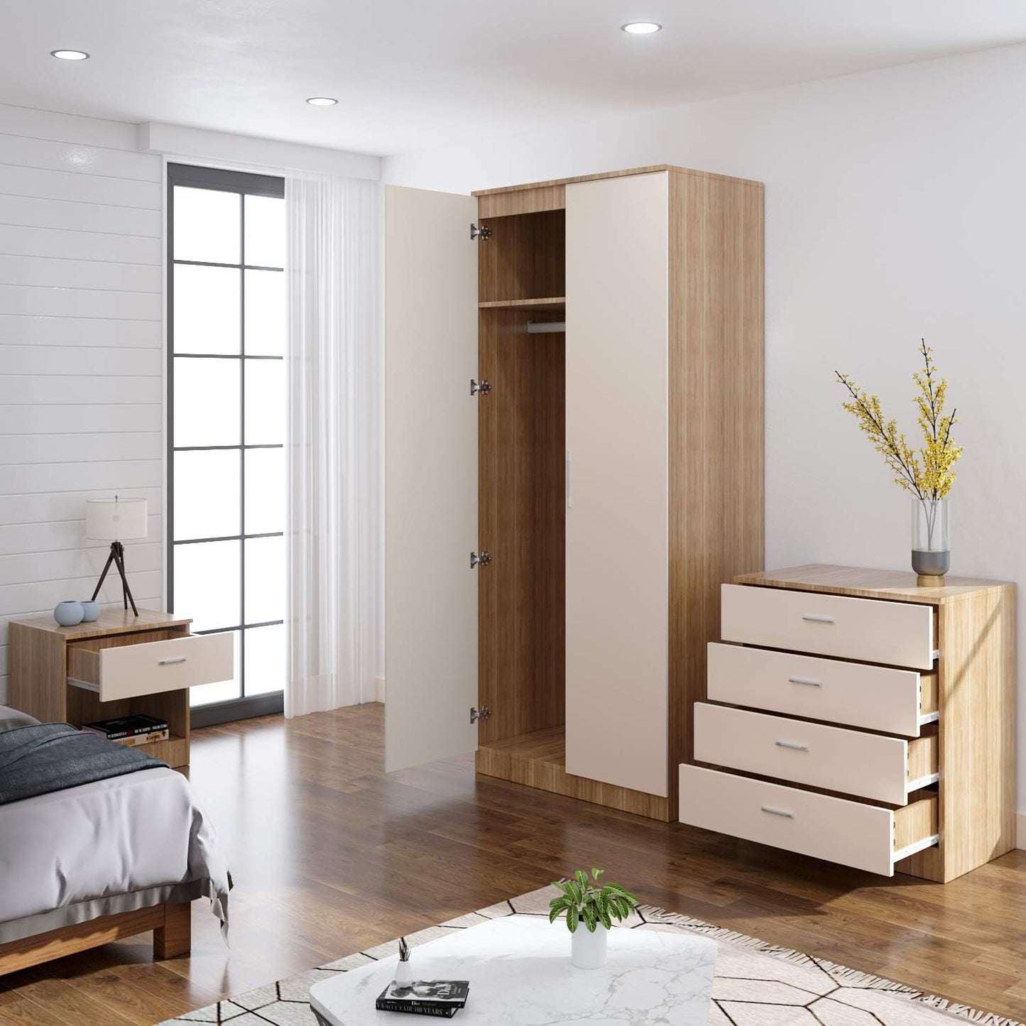 Wardrobe elegant 3 Piece Bedroom Furniture Sets High Gloss Soft Close ( CREAM & OAK )