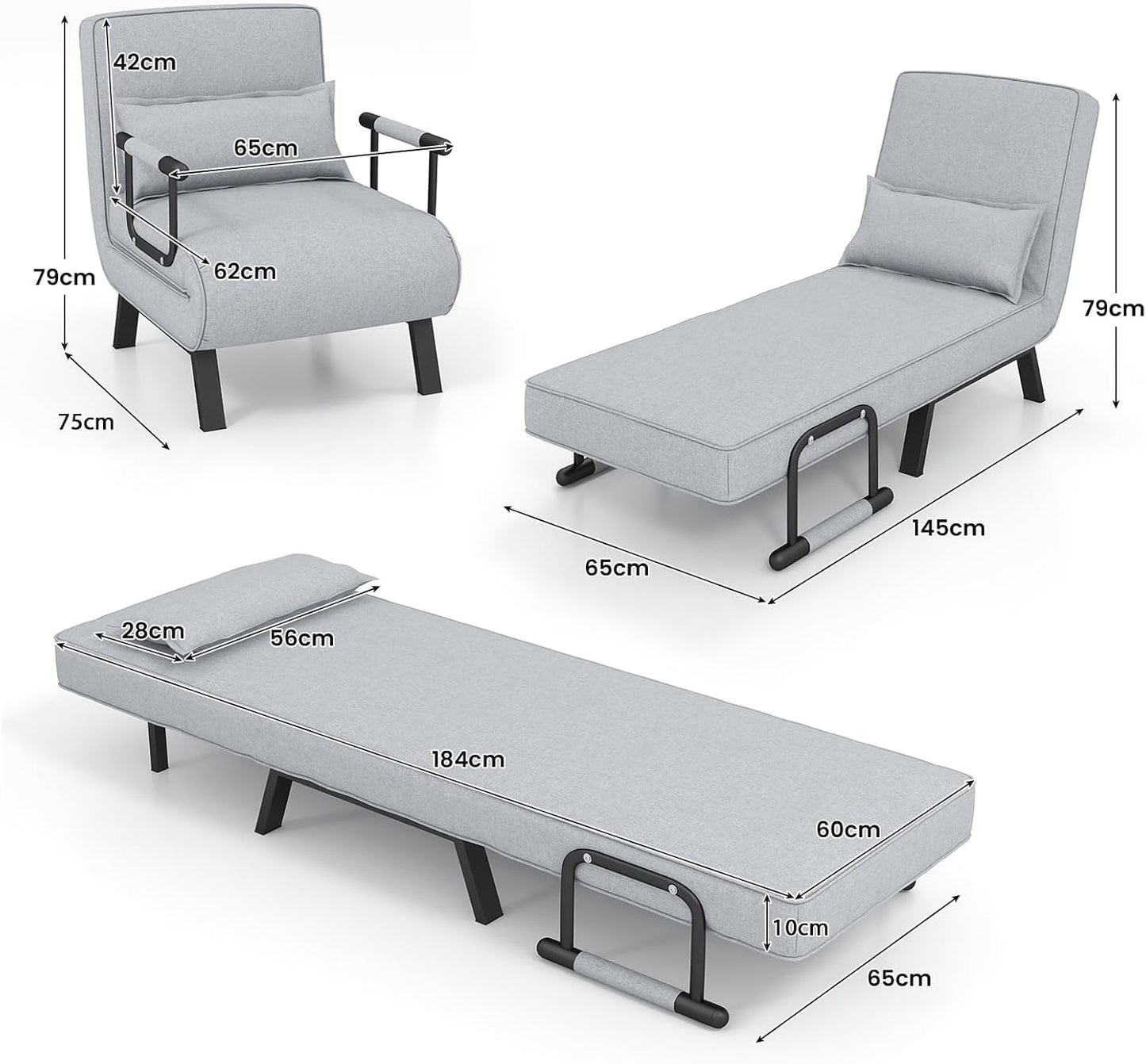 Sofa Folding Bed, 4-in-1 Convertible Lounge Recliner Sleeper with 6-Position Adjustable Backrest
