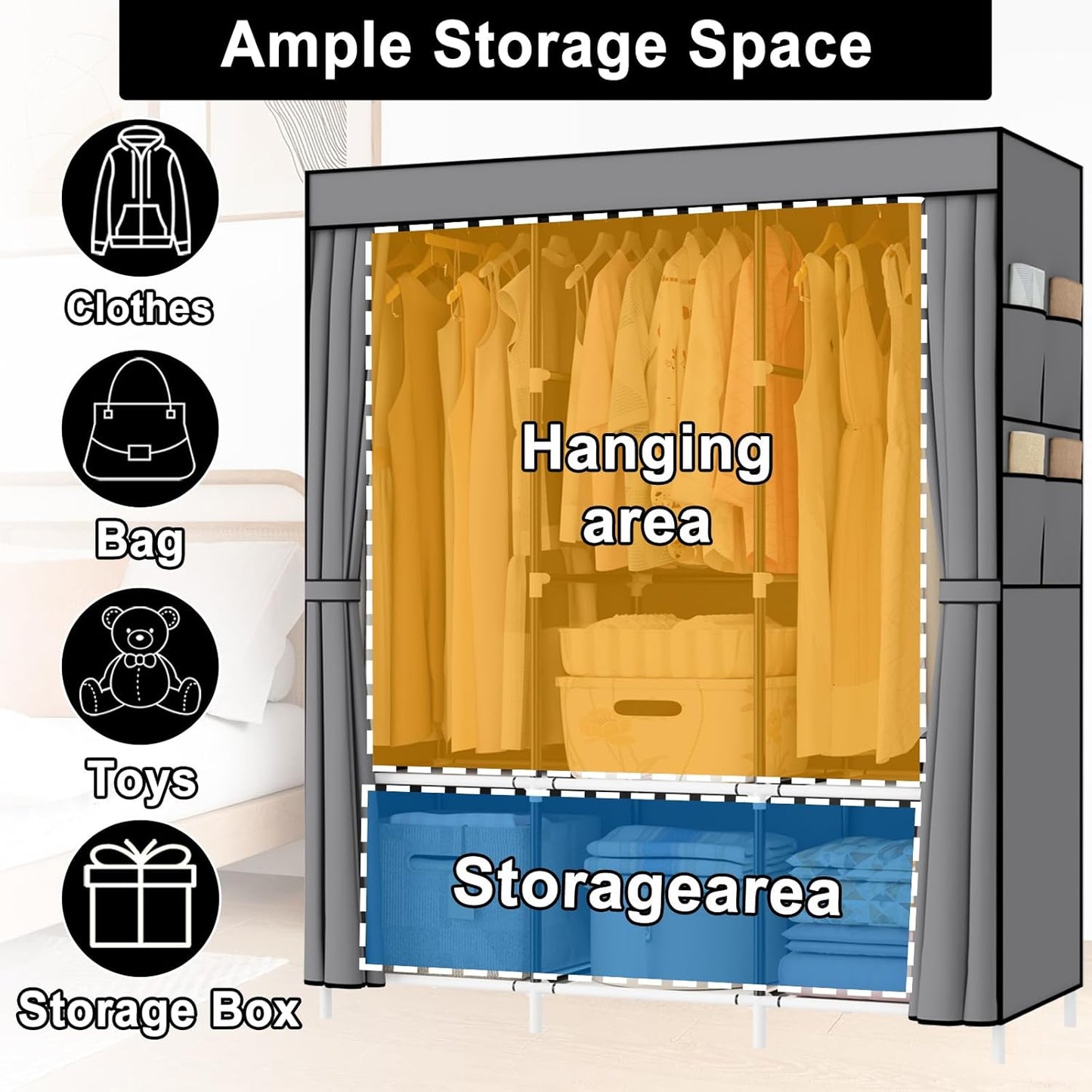 Wardrobe, Portable wardrobe Pop up wardrobe, Versatile Fabric Wardrobe ( GREY )