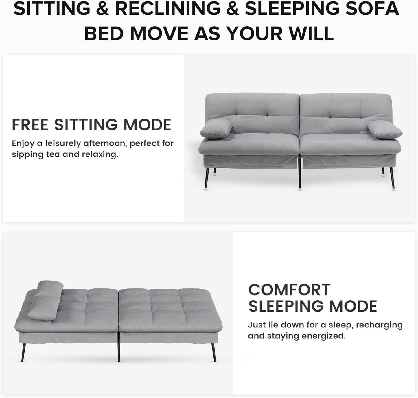 Sofa Fabric Sofa Bed 3 Seater Upgraded Frame 5-Gear Back Angle Adjustable Futon Sofa