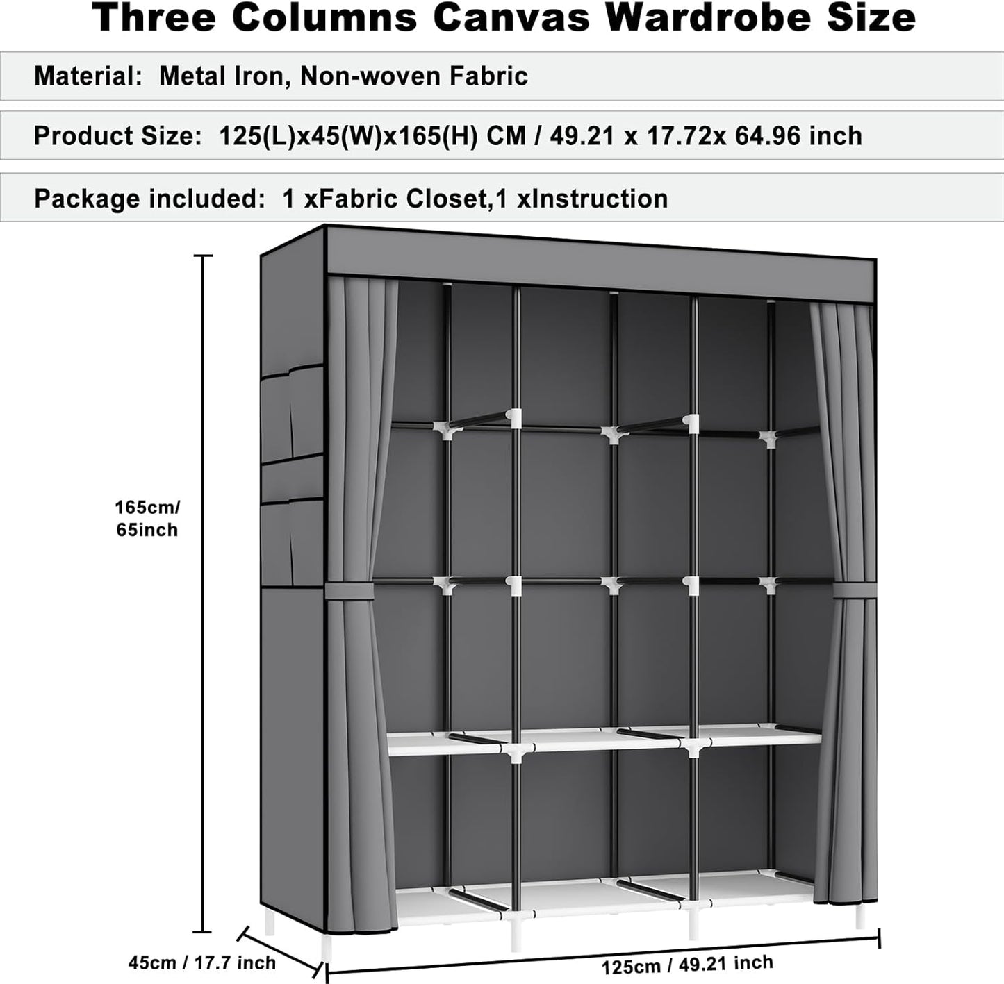 Wardrobe, Portable wardrobe Pop up wardrobe, Versatile Fabric Wardrobe ( GREY )
