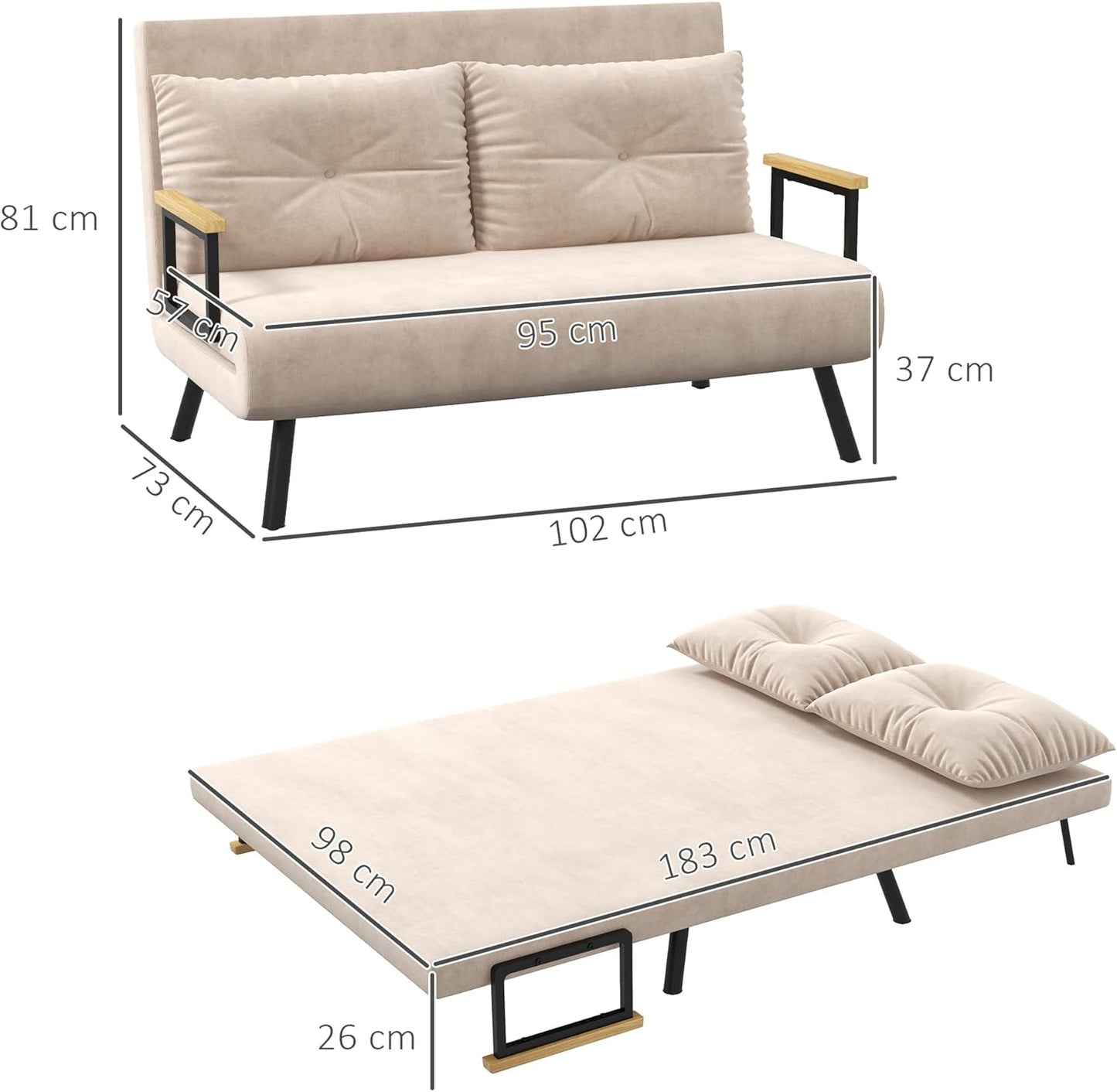 Sofa 2 Seater Sofa Bed, Click Clack Convertible Bed Settee, Modern Velvet Feel Fabric Sofa Couch