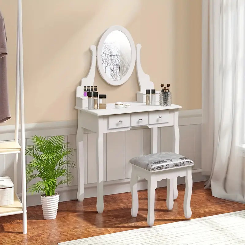 Dressing NEW Desk White Dressing Table Mirror W/ Stool Makeup Vanity Set 5 Drawers