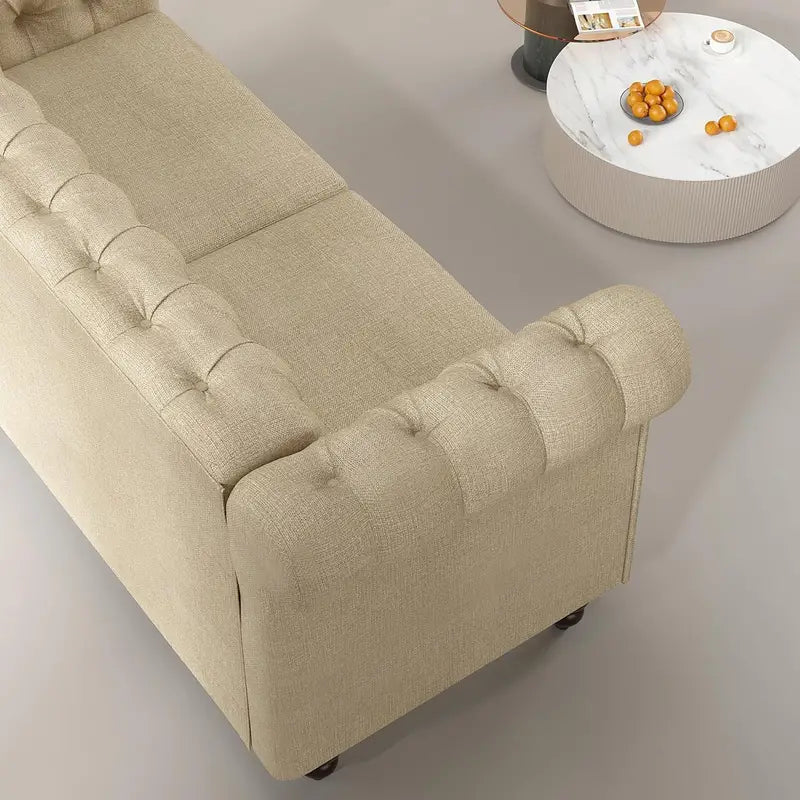 Chesterfield Beige 2 Seater Style Button back Sofa, Couch Linen Fabric Settee