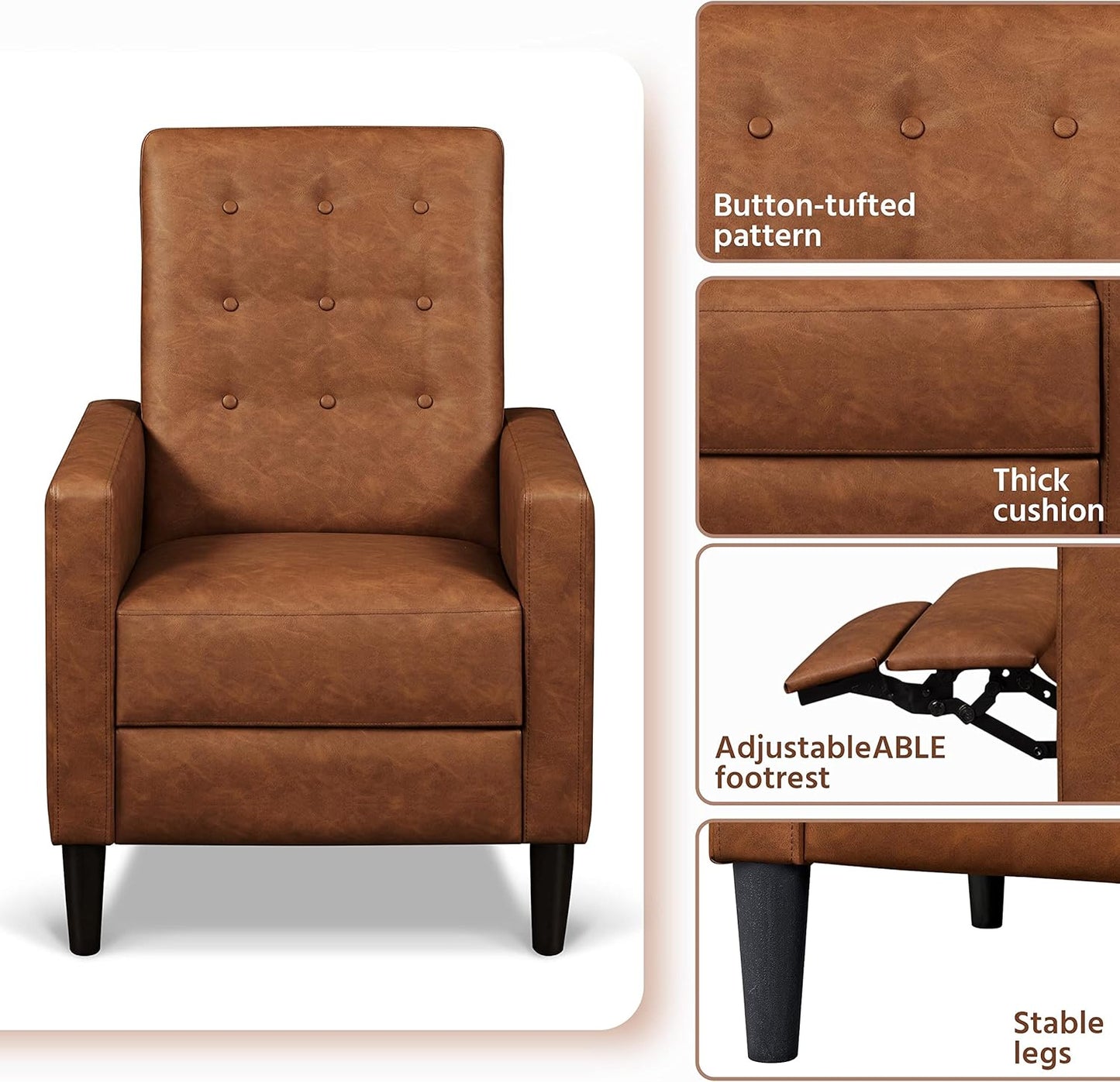 Sofa Recliner Chair Adjustable Reclining Armchair Upholstered PU Leather Single Sofa