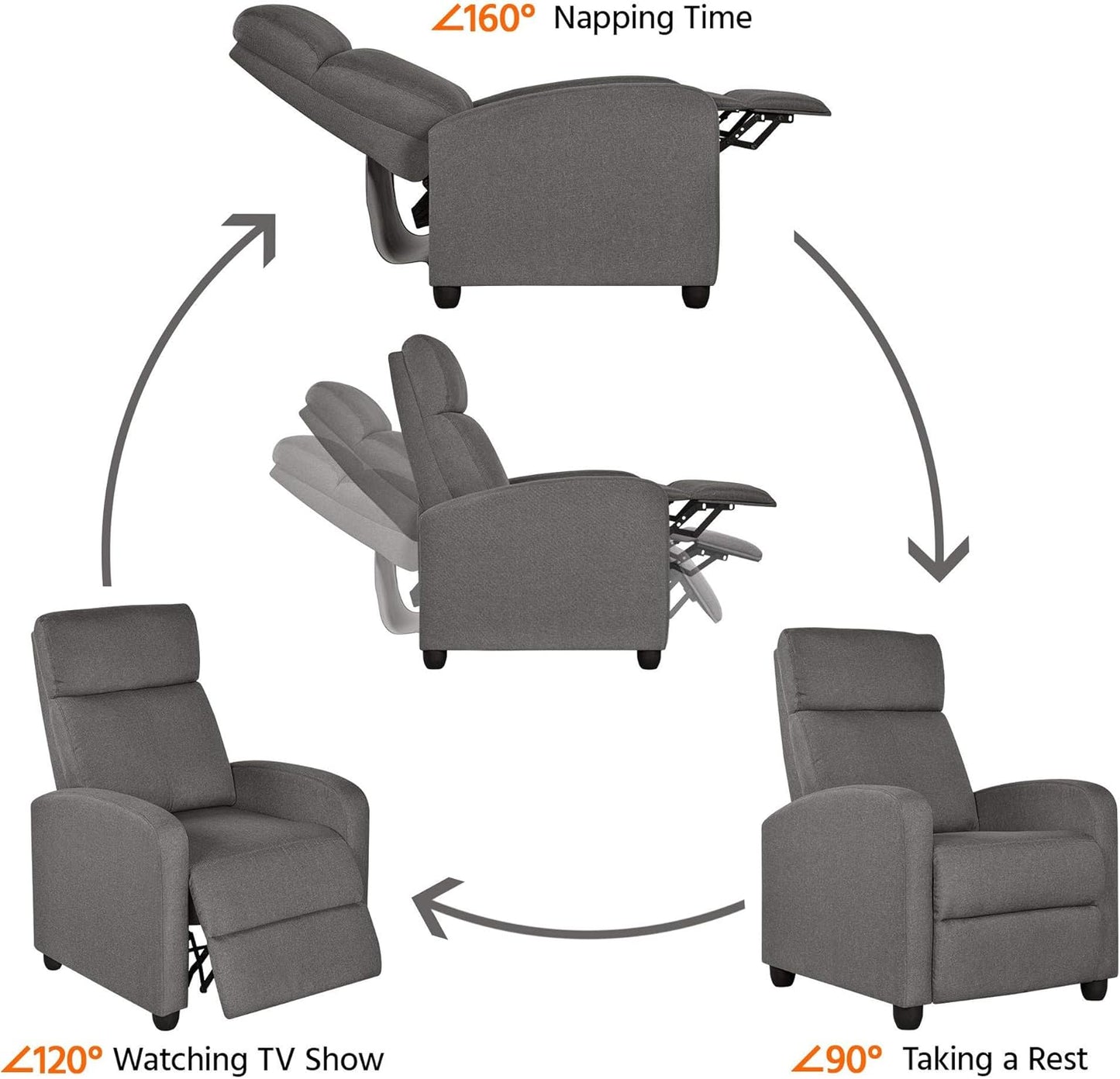 Sofa Recliner Armchair Adjustable Fabric Recliner Chair Sofa for Living Room/Bedroom Gray