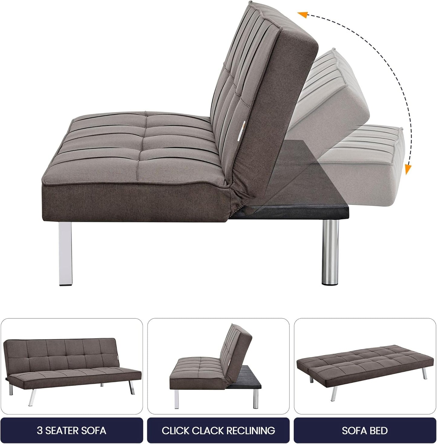 Sofa Britney Three Seater Sofa Bed - Brown. Linen Fabric Click Clack Sofa Bed, Folding Couch