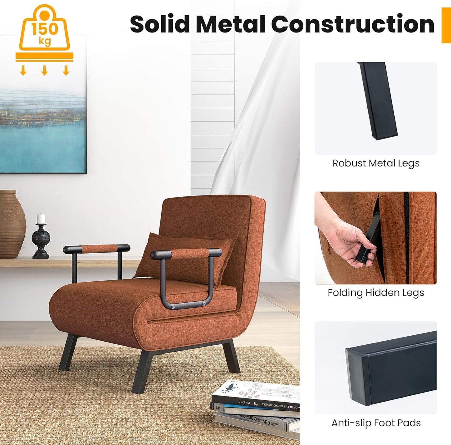 Sofa Folding Bed, 4-in-1 Convertible Lounge Recliner Sleeper with 6-Position Adjustable Backrest
