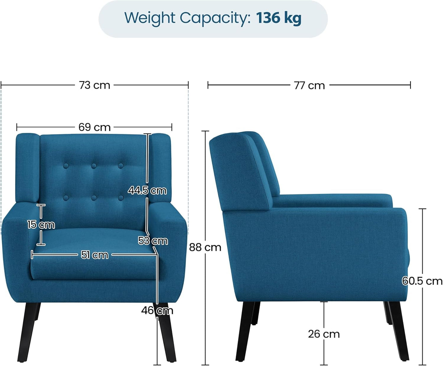 Sofa Tub Chair, Button Tufted Armchair with Thick Seat Cushion, Linen Fabric Accent Chair